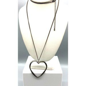 Vintage Heart Pendant Necklace, Gunmetal Chain with Open Outline